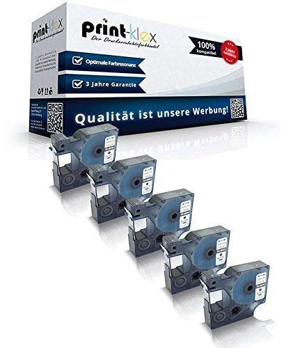 5x Print-Klex Schriftbänder kompatibel für Dymo D1 45010 Labelmanager280 Labelmanager300 Labelmanager350 Labelmanager350D S0720500 12 mm 12mm Schwarz/Farblos Etikettenband - Color Light Serie