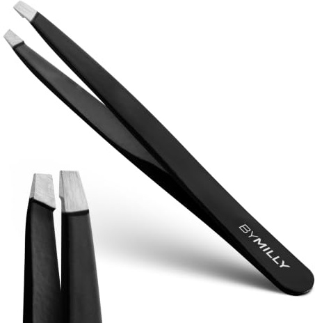 By MILLY Slanted Tweezers - High Carbon Stainless Steel - Hand-Filed and Perfectly Aligned Precision Slant Tips - Black