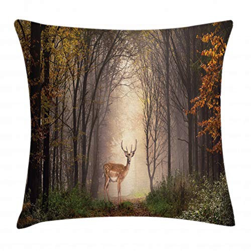 ABAKUHAUS Tierwelt Kissenbezug, Deer Mystischer Wald, Waschbar mit Reißverschluss Kissenhülle mit Farbfesten Klaren Farben Beidseitiger Druck, 40 x 40 cm, Herbstbraun Grün