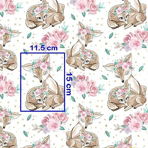 8,98€/m Reh Rehkitz Rose 100% Baumwolle 50x160cm Baumwollstoff Meterware Handwerken Nähen Stoff (Reh Weiß)
