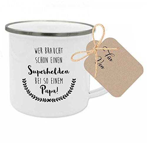 Geschenk Papa Tasse mit Spruch “Wer braucht schon einen Superhelden … ” I Geschenk Tasse Papa I Geschenkidee zum Geburtstag, zum Vatertag, Dankeschön, Weihnachten I Geschenkanhänger