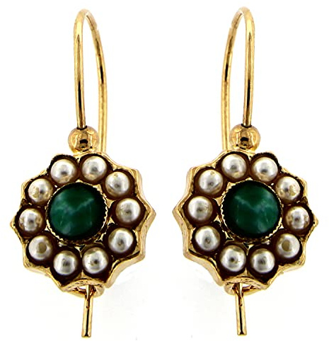 Mokilu'Vintage Ohrgehänge - aus Messing mit 24KT Gold - Handgefertigt in der Toskana, Made in Italy - zwei grüne Cabochon-Tigerauge-Steine und Elfenbein-Perlen