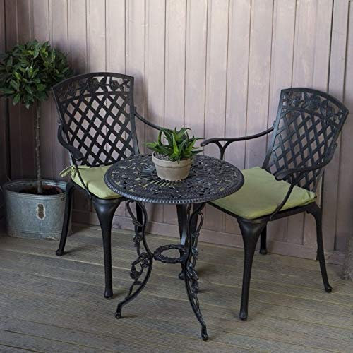 Lazy Susan London Rose Runder 2-Sitzer-Bistrotisch | wartungsfrei | wetterfest | Sandguss-Aluminium | Antik Bronze | Emma-Stühle | grüne Kissen