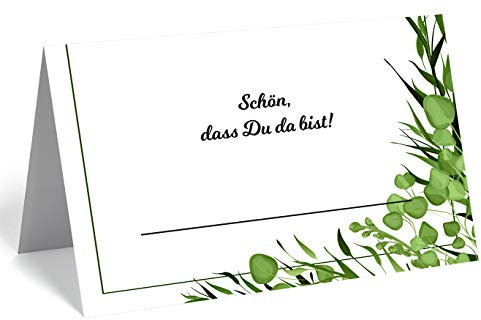 50 edle Premium-Tischkarten -18 Motive zur Auswahl - Platzkarten 300mg - 5,5 x 8,5cm (eine Seite) - Namenskarten Namensschilder für Hochzeit Feier Taufe Kommunion (grün-Weiss- Blätter, Gras)