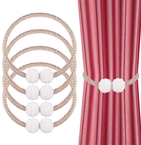 JIZZU 4 Stück Magnetische Vorhang Raffhalter,Exquisite Perlenkugelform Gardinen Raffhalter, Golden Raffhalter für Vorhänge, geeignet für Wohnzimmer, Schlafzimmer, Esszimmer, Büro