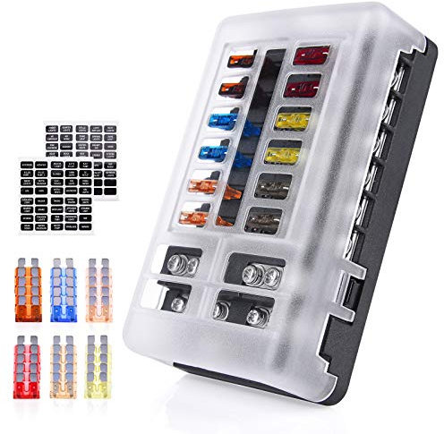 MICTUNING 12-Way Fuse Block Holder-Blade Fuse Box Screw Nut Terminal with Negative Bus, 7.5A 5A 10A 15A 20A 25A Fuses,LED Indicator,Sticker Labels for Automotive Car Marine Boat (12 way)