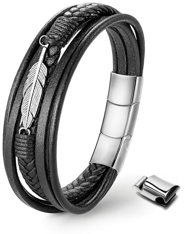 UNIQAL | Lederarmband Herren FEATHER Mens Bracelet | Edelstahl, Echtleder | Etui Box Gratis