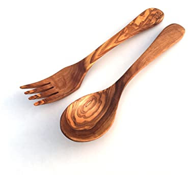 Juego de 2 cubertería de 2 piezas de madera de olivo, tenedor y cuchara, hecho a mano para regalo.