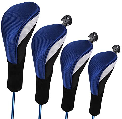 Lybile Golf Club Head Covers for Fairway Woods Driver Hybrids, 4Pcs Long Neck Mesh Golf Club Headcovers Set with Interchangeable No. Tags 3 4 5 6 7 X (Blue)