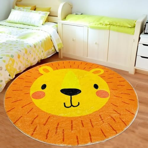 Lacomfy Kinder-Spielteppich, 122 cm, runder Löwen-Tierteppich für Kinder, Jungen, Mädchen, Kreis, Baby-Kinderteppich, Dschungeltier-Krabbelmatte, Cartoon-Bodenteppich für Kinderzimmer, Spielzimmer