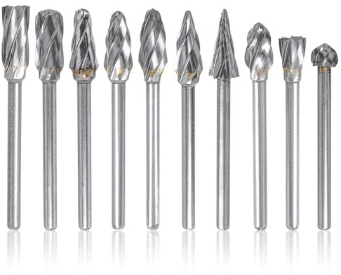 Mesee 10 Pieces Carbide Rotary Burrs, 1/8 Inch(3mm) Shank Single Cut Tungsten Carbide Burrs Coarse Rasp File Wood Carving Bits for Die Grinder Rotary Drill DIY Craft Woodworking Tool