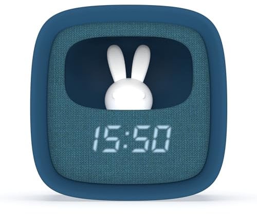MOB – MOBILITY ON BOARD Réveil et Veilleuse pour Enfant Billy Clock - Motif Lapin - Face Avant Tissu - Cadre Plastique Soft-Touch - Programmation de la Date, de l'Heure et de 3 Alarmes (Bleu)