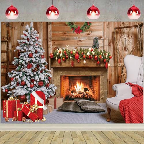 Christmas Fireplace Backdrop Weihnachts-Kamin-Thema-Hintergrund Frohe Heiligabend Fotohintergrund Frohe Weihnachtsbäume Geschenke Hintergründe für Fotografie Familie Party Dekoration Zubehör 7x5ft