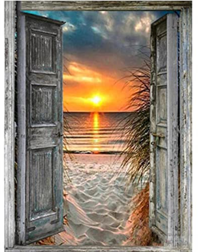 DIY 5D Diamond Painting by Number Kits Beach Door Adults Teen Diamond Art Painting Full Square Drill Rhinestone Embroidery Cross Stitch Mosaic Pictures Craft for Home Wall Decor 80x120cm/32x48inch