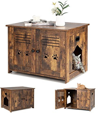 COSTWAY Meuble Litiere Chat avec Portes à Persiennes et 2 poignées découpées Style Industriel, Maison de Toilette Chat Bonne respirabilité, 70 x 52 x 51 CM, Facile à Nettoyer et Installer