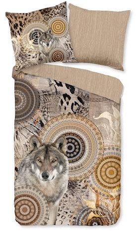 Traumschloss Comfort Flanell Bettwäsche »Sverre«, Mandalas mit Wolf, beige, 135x200 & 80x80, 100% Baumwolle, wärmend & kuschelig, mit Reißverschluss bestehend aus Kissen und Bettbezug