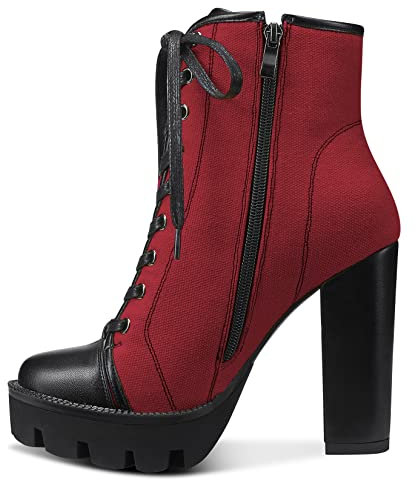 NobleOnly Donna Alto High Tacco Heel Piattaforma Rotonda Punta Stivaletti Cerniera Lacci Equitazione Stivali Classico Feste Ufficio 13 CM Heels Rosso 39 EU