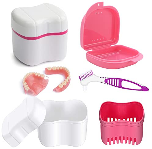 Prothesen Aufbewahrungsbox, Prothese Box, Zahnprothese Etui, Prothesen Behälter, Für Falsche Zähne Lagerung Reinigung, Für Kieferorthopädische Box, Zahnspangenbox+ Prothesen Reinigerbürsten, Rosa