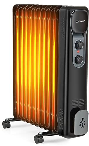 COSTWAY 2500W Radiatore ad Olio Basso Consumo, 11 Elementi 3 Livelli di Riscaldamento, 0-85℃, con Ruote Universali e Custodia del Cavo, Protezione Surriscaldamento e Ribaltamento (11 Elementi, Nero)