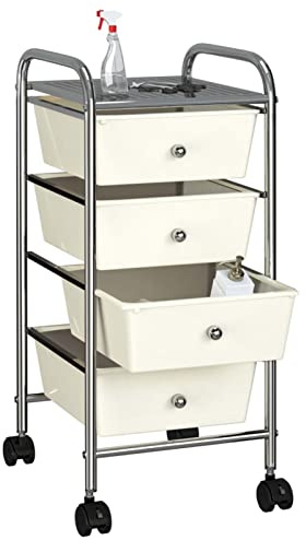 Gecheer Schubladenwagen mit 4 Schubladen Rollcontainer Badrollwagen Roll Friseur Wagen Badtrolley Badregal Schubladenschrank Kunststoff Weiß