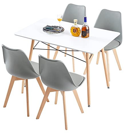 FURNITABLE Essgruppe 5-teilig | Küchentisch-Set | Esszimmertisch mit Stühlen | Esszimmergruppe für Esszimmer Küche Wohnzimmer | Weißer Esstisch & 4 Grauen Stühlen