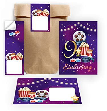 Junapack 12 Einladungskarten zum 9. Kindergeburtstag Kino neunte Geburtstag Mädchen Jungen Cinema Kino-Party incl. 12 Umschläge, 12 Tüten/natur, 12 Aufkleber