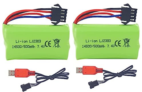 ZYGY 2PCS 7.4V 500mAh SM-4P Plug Rechargeable Battery with USB Charging Cable for EC16 DE85 RC Toy Car Model Buggy Battery M416 Electric Gel Ball Blaster Spare Battery