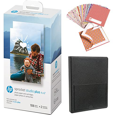 HP Sprocket Studio Plus Imprimante WiFi 4x6 à partir de votre appareil iOS et Android – Kit de démarrage : comprend 108 feuilles et 2 cartouches, cadres autocollants, album photo