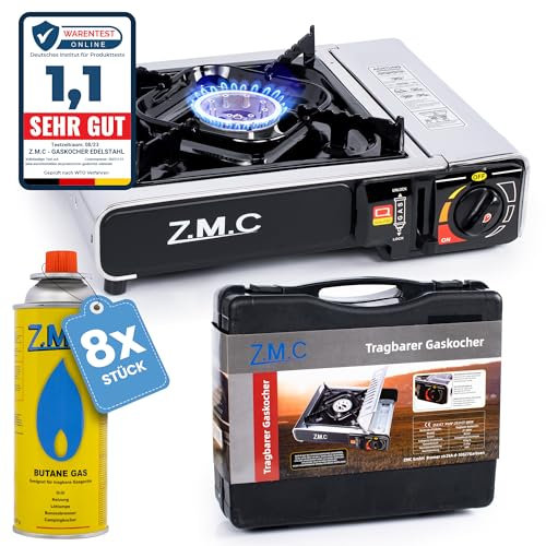 Z.M.C Edelstahl Gaskocher 1-flammig + Aufbewahrungskoffer + 8x Gaskartuschen 227g, Campingkocher für Outdoor und Innenraum, Campinggaskocher 2,2 kW, Balkon Tischgrill mit Piezozündung