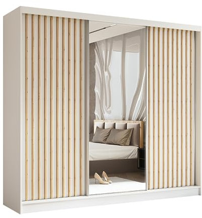 MargaretHadas24 Kleiderschrank Erika mit Lamellen und Spiegel inklusive 3 Schiebetüren Schwebetürenschrank Kleiderstange 240 cm (weiß, weiß, Lamelle Artisan)