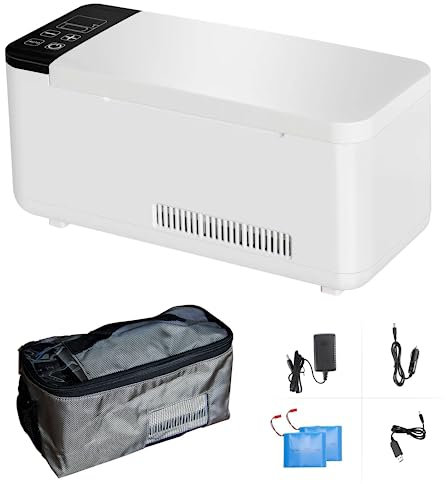 Frigorifero a insulina, 2-8 ℃, mini frigo medicinale, lunga durata di lavoro per 8 ore, raffreddamento insulina con due batterie ricaricabili per auto, viaggi, casa (0,6 l, bianco)