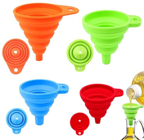 Set di 4 imbuti pieghevoli in silicone, imbuto in silicone, imbuto pieghevole per Cucina e Trasferimento Liquidi, Conserve, Marmellate, sale, pepe, oli, liquidi e polveri, 4 misure (S/M/L/XL) 4 Colori