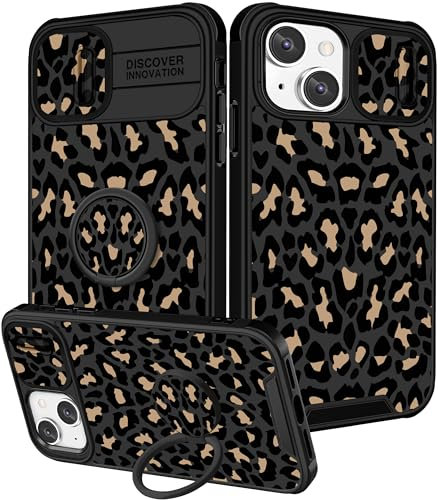 Pegmode (2in1 for iPhone 13 Case/for iPhone 14 Case for Women Girls Cool Cute Teens Phone Cases Black Animal Design with Camera Cover+Ring Holder Unique Fashion Cool for Apple 13/Apple 14 Cover 6.1''
