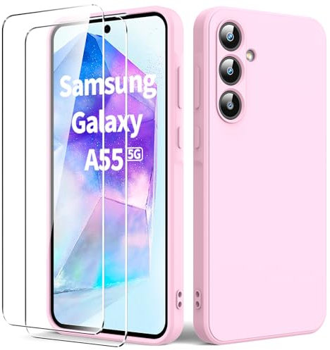 Byvuwiay Cover per Samsung Galaxy A55 5G con 2 Vetro Temperato Pellicola Protettiva, Custodia in TPU Ultra Sottile Antiurto Anti-Scratch Case, Rosa