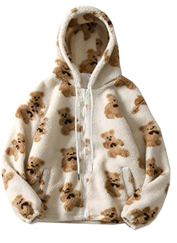 Saxrel Felpa da donna con zip con stampa orso carino outwear cardigan in pile per le donne giacca a maniche lunghe con cappuccio giacca a maniche lunghe alla moda cappotto spesso vintage felpa per