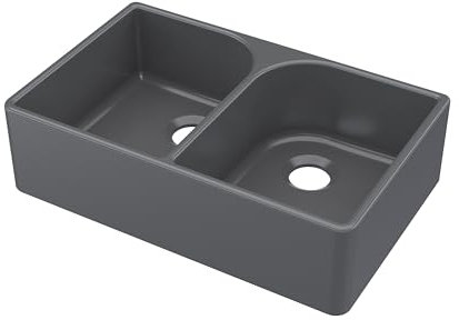 Balterley 795mm Butler Kitchen Sink, Double Bowl Flush Weir, No Tap Hole, Durable Butler Fireclay Ceramic Kitchen Sink Bowl, Large Ceramic Apron Front Farmhouse Sinks - 795 x 500 x 220mm (Soft Black)