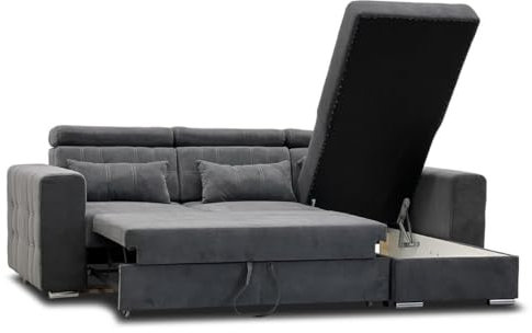 Furnishings For Less UK Miami Grey Fabric Reversible L Shaped Corner Sofa Bed with Storage and Headrests 3-4 Seater
