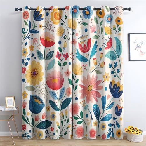 Generisch Bunte Blumenmuster Vorhang, Retro Florale Gardinen mit Ösen 2er Set Verdunkelungsvorhang, Aquarell Blumen Vorhänge, Wohnzimmer Schlafzimmer Kinderzimmer Blickdicht, 150x166 cm