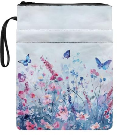 Wanyint Book Sleeve for Girls Book Protector with Zipper and Front Pocket Book Cover for Cat Lovers Book Lovers 11.4 x 8.7 Inch, Lavender Flowers Butterfly Gradient