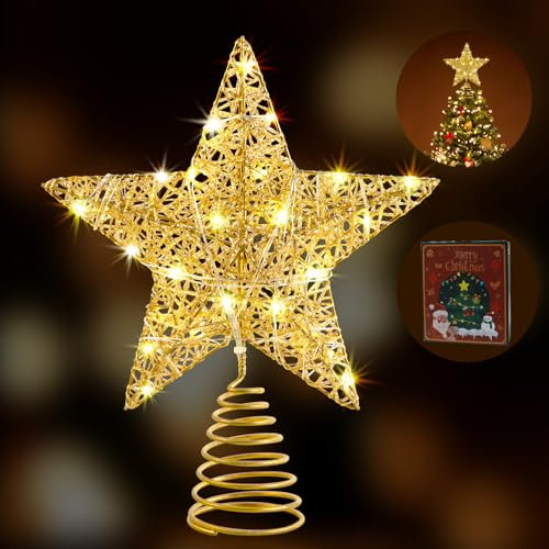 WHOLEV Gold Weihnachtsbaumspitzen Stern, 25cm Glitzer-Baumspitzen aus Golddraht mit Timer, Stromversorgung über Batterie oder USB, 20 LED-Lichter, beleuchteter Stern-Baumschmuck für Weihnachtsbaum