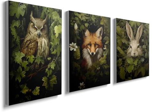 prinfantasy 3Pcs Framed Wall Art Fox Rabbit Owl Canvas Posters Prints Forest Wild Animal Pictures Paintings Oil Wall Decor for Bedroom Bathroom Decor 12x16x3 YH1305