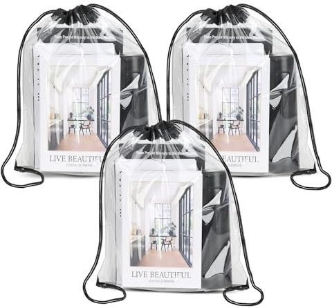3 Stück Durchsichtiger Rucksack mit Kordelzug, PVC Turnbeutel Durchsichtig, Stilvoll Sportbeutel Transparent, Clear Fitness Kordelzug Tasche, Unisex Kordelzugbeutel für Studie Fitnessstudio Reisen