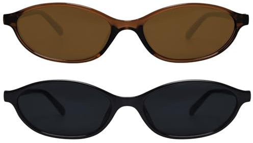 GUVIVI Ovale Retro-Sonnenbrille für Damen, schickes Katzenauge, 90er-Jahre-Sonnenbrille, leicht, schmale Schattierungen, trendige UV-Schutz, Sonnenbrille, 2 Stück, Schwarz + Braun, Größe S, 2er-Pack