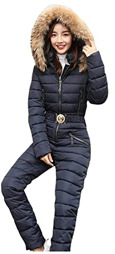 Damen Schneeoverall Winter Warm Schneeanzug Overall Elegant Ski-Overall Pelzkragen Skijacke Schneeanzug mit Hoodies Nicht Abnehmbare Outdoor-Sporthose Skianzug Wasserdicht Skifahren Overall