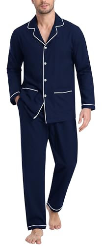 MoFiz Pigiama Uomo Cotone Lungo Invernale Pigiama da Notte con Bottoni Maniche Lunghe Morbido Pigiami Due Pezzi Camicia Pigiama e Pantaloni con Tasche Blu Marino US M/EU L