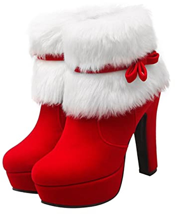 SOIMISS Christmas Booties Women Warm Ankle Boots Boots High Heels Xmas Boot High Heel Outdoor Ankle Booties Santa Shoes Booties for Women Chunky Heel Shoe Lining Fiber Red