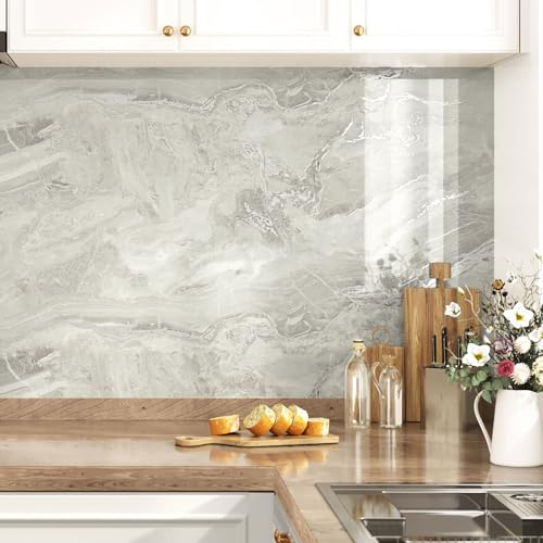 HotDecor Klebefolie Marmoroptik Abwaschbare Tapete Beige Silbrig Möbelfolie Selbstklebend Küchentapete Marmor Folie Klebefolie Arbeitsplatte Küche Vinyltapete Schrankfolien Selbstklebend 40cm x 200cm