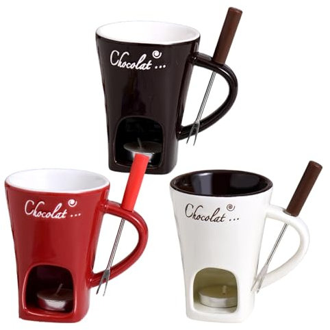 Xiwhuua Schokoladen Fondue Becher, Schokoladenfondue Set mit Edelstahl Gabeln, Teelicht Schokofondue Tasse, Keramik Schokoladen Fondue Tasse, Kleines Fondueset für Schokolade Käse