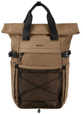 WATERFLY Rolltop Rucksack Herren Damen: 16L-21L Rollrucksack Stylischer Tagesrucksack Schulrucksack mit 16 Zoll Laptopfach Unisex Backpack für Reisen Freizeit Uni Job Sport Khaki