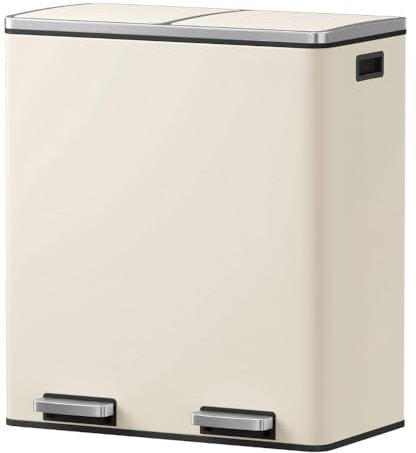 EVRE 60L Kitchen Waste Rubbish Recycling Soft Close Bin 2 x 30L Double Compartment Separation with Removable Plastic Buckets, Odour Seal, Smudge & Fingerprint Resistant… (Cream)